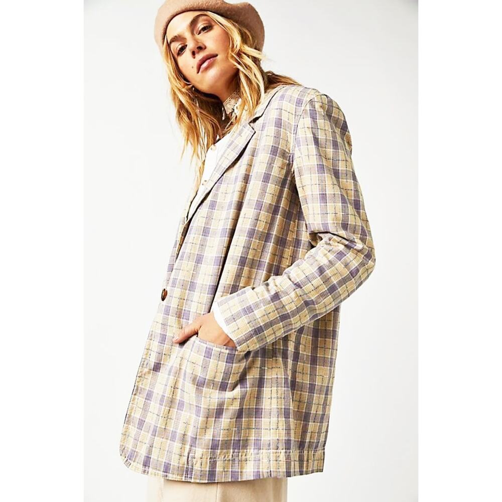 Free People X We The Free Womens Plaid Pastel Beckett Boyfriend Oversized Blazer